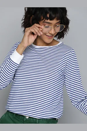 HERE&NOW Women White & Blue Striped Round Neck T-shirt