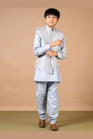 V-Mart Boys Band Collar Straight Kurta With Churidar & Nehru Jacket