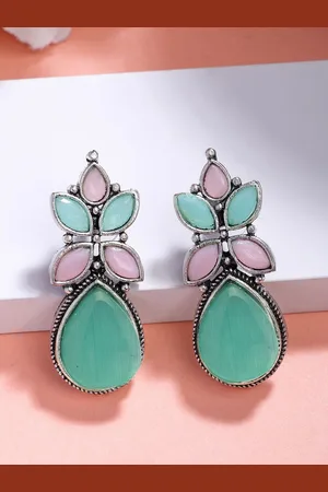 NVR Women Green & Pink Artificial Stones Silver Plated Drop Earrings