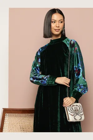 Sangria Floral Printed Detail Raglan Sleeves A-Line Velvet Dress with Sheen Effect