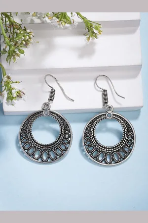 NVR Women Oxidised Silver-Plated Chandbali Earrings