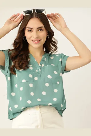 DressBerry Women Green & Off White Printed Boxy Top