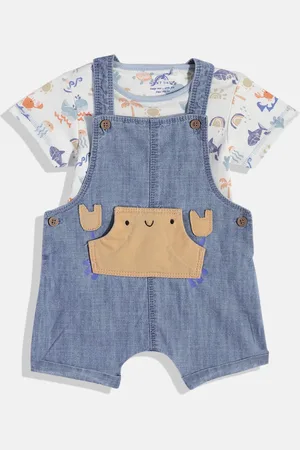 Next Infant Boys Solid Pure Cotton Denim Dungaree With Bodysuit