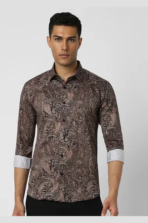 V Dot Men Spread Collar Floral Printed Cotton Slim Fit Casual Shirt