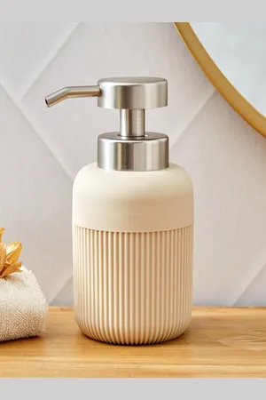 Home Centre Beige Striped Matte Plastic Soap Dispenser-450ml