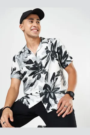 PEOPLE Men Cuban Collar Floral Printed Casual Shirt