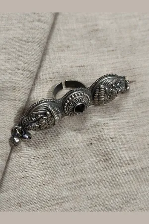 Molcha Artificial Stones Studded Oxidised Adjustable Finger Ring