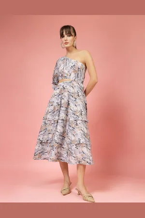 DressBerry Floral Print Cold-Shoulder Crepe A-Line Midi Dress