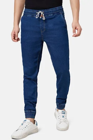 PEOPLE Men Mid Rise Cotton Denim Joggers