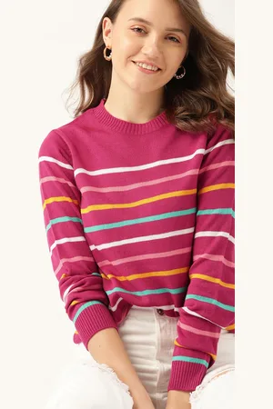 DressBerry Women Pink & Yellow Striped Pullover
