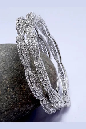 karatcart Set Of 2 Silver-Plated & White AD-Studded Bangles