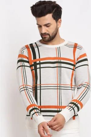 Club York Men White & Orange Checked Pullover