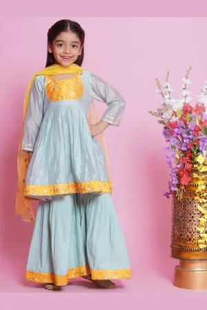 Little Bansi Girls Embroidered Chanderi Silk Anarkali Kurta With Sharara & Dupatta