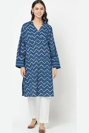 Fabindia Women Blue Chevron Printed Kurta