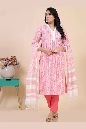 Amchoor Floral Stripe Printed V-Neck Lace Detailing Kurta with Trouser & Dupatta