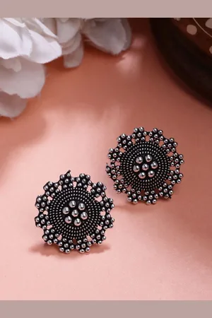 NVR Women Silver Plated Oxidised Round Shape Traditional Stud Earrings