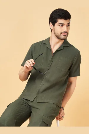 PEOPLE Men Solid Slim Fit Cuban Collar Short Slevees Casual Shirt