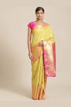silk land Yellow & Pink Ethnic Motifs Zari Silk Blend Banarasi Saree