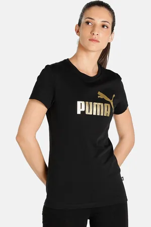 PUMA Women Black Essentials Metallic Logo Printed Regular Fit Cotton T-shirt