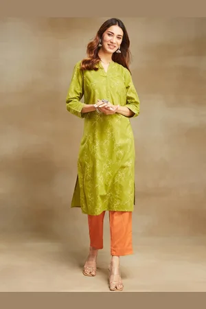 Fabindia Floral Printed Mandarin Collar Pure Cotton Straight Kurta With Trouser