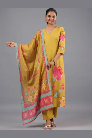 Amchoor Floral Printed V-Neck Straight Kurta With Trousers & Dupatta