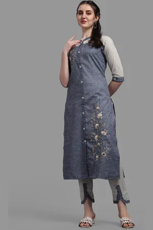 Berrylicious Women Blue Thread Work Pure Cotton Kurta with Trousers