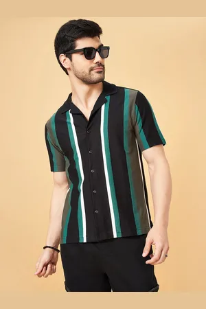PEOPLE Men Striped Slim Fit Cuban Collar Short Slevees Casual Shirt