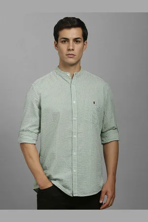 Louis Philippe Men Band Collar Vertical Striped Cotton Casual Shirt
