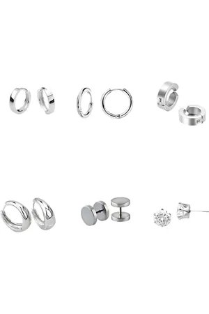 KARISHMA KREATIONS Men Set Of 6 Silver-Plated Cubic Zirconia Contemporary Hoop Earrings