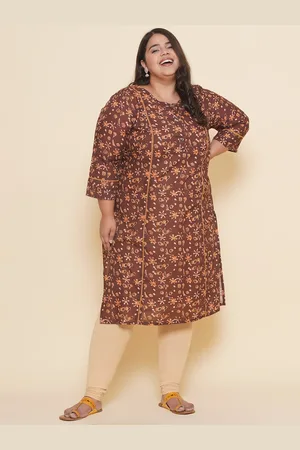 John Pride Plus Size Floral Printed Cotton Straight Kurta