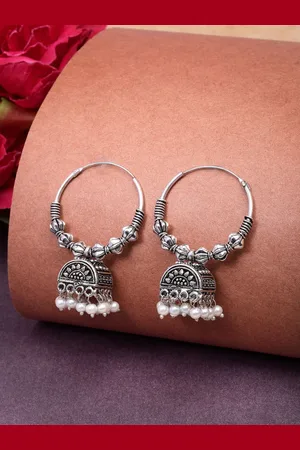 NVR Women Oxidised Silver Plated White Artificial Beads Jhumka Earrings