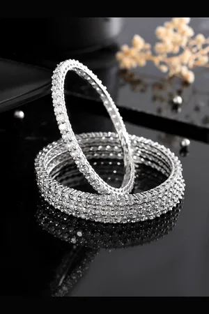 Voylla Set Of 4 Rhodium Plated Cubic Zirconia Studded Bangles
