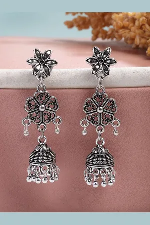 NVR Women Silver Toned Oxidized Floral Design Jhumka Earrings