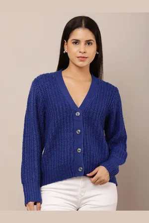 NoBarr Women Striped Ribbed Open Knit Cardigan
