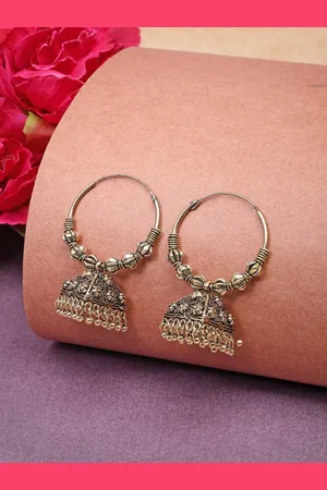 NVR Women Gold Plated Oxidised Jhumka Earrings