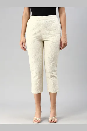 De Moza Women Norma Self Design Flat-Front plain Cotton Trousers