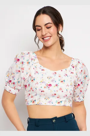CAMLA Floral Printed Puff Sleeves Fitted Crop Top