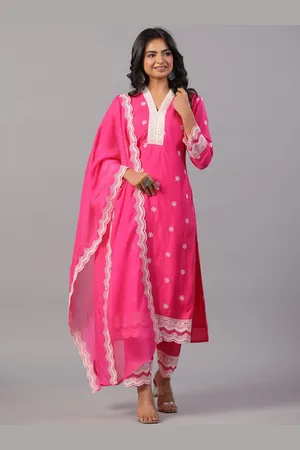 Amchoor Floral Embroidered V-Neck Thread Work Straight Kurta With Trousers & Dupatta