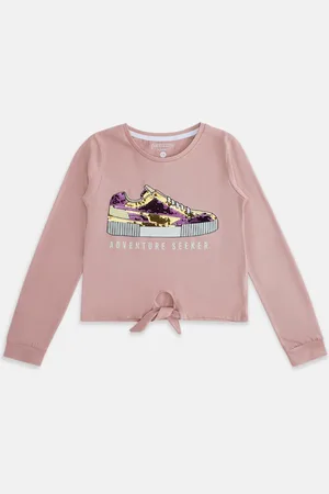 Pantaloons Girls Pink Printed V-Neck Applique T-shirt