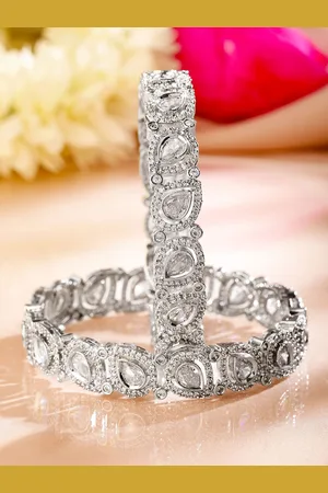 Rubans Set of 2 Rhodium-Plated Teardrop Cubic Zirconia Studded Premium Bangles