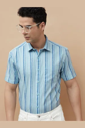 Lifestyle Men Spread Collar Vertical Striped Cotton Casual Shirt