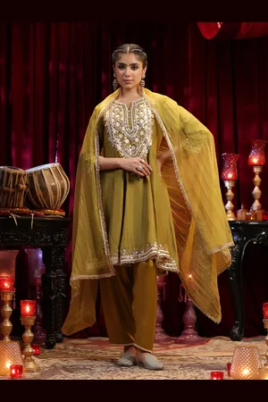 SCAKHI Ethnic Motifs Embroidered Dupion Silk Anarkali Kurta with Salwar & Dupatta
