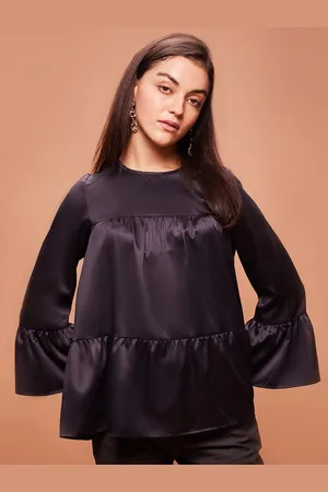 Bombay High Women Solid Bell Sleeves Tiered Satin Top