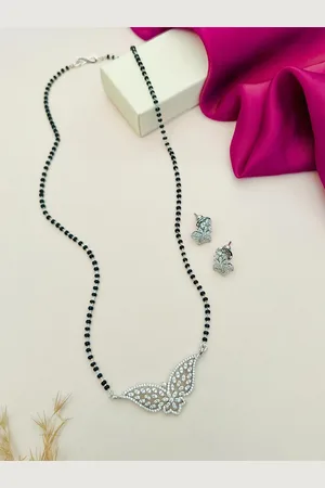 ABDESIGNS Silver-Plated American Diamond Studded & Beaded Mangalsutra With Earrings