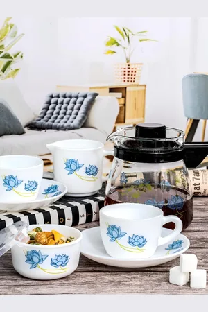Cello Opal White & Blue 15 Pieces Floral Printed Tea Set