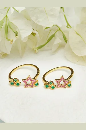 Voylla Women Set Of 2 Gold-Plated Pink & Green Stone Studded Toe Ring