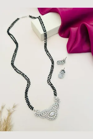 ABDESIGNS Silver-Plated American Diamond Studded & Beaded Mangalsutra With Earrings
