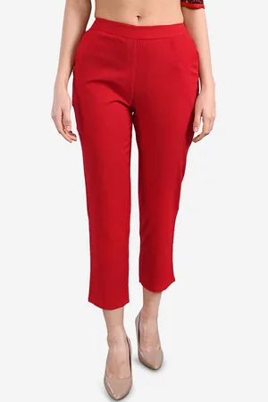BE INDI Women Red Straight Fit Solid Cropped Regular Trousers