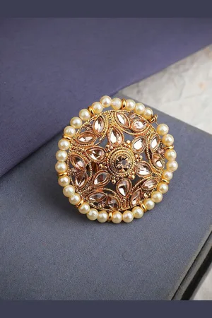 Anouk Gold Plated Stone Studded & Beaded Finger Ring