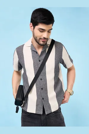 PEOPLE Men Cuban Collar Vertical Striped Cotton Relaxed Fit Casual Shirt